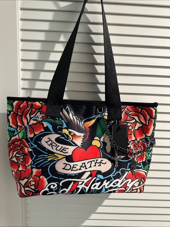Ed Hardy Handbags - NWT Ed Hardy True Death & Roses Medium Tote/Shoulder Bag W/Charms.